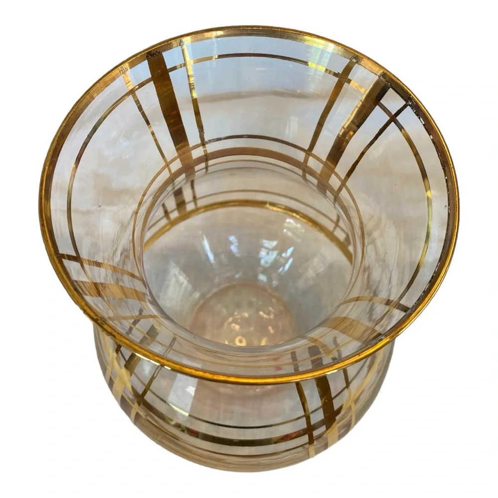 Vintage Mid Century Clear Glass Vase Hand Painted Gold Plaid Striped Grid MCM